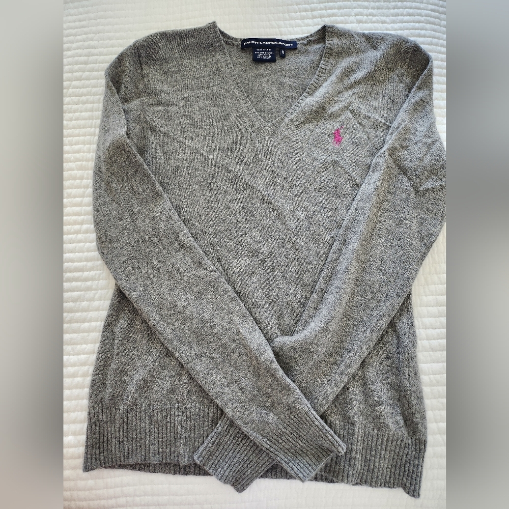 Ralph Lauren Gray V-Neck Sweater with Pink Logo